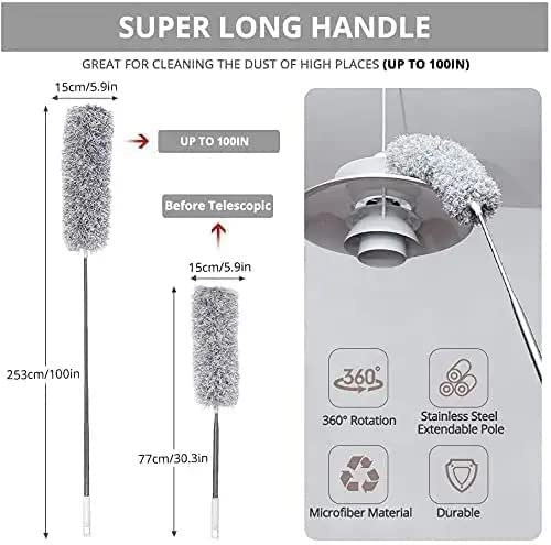 Hallstatt 2025 Upgraded Long Handle Microfiber Feather Ceiling Duster for Dust Cleaning with extendable Pole 100 Inch with Anti Scratch Bendable