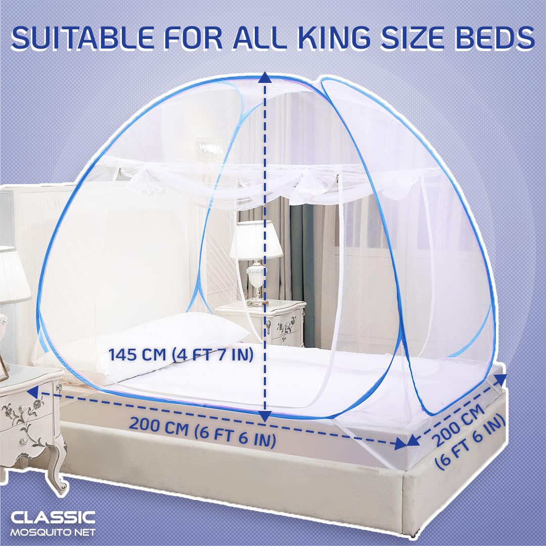 Classic Mosquito Net for Double Bed | King Size Foldable Machardani | Polyester 30GSM Strong Net | PVC Coated Corrosion Resistant Steel Wire - Blue