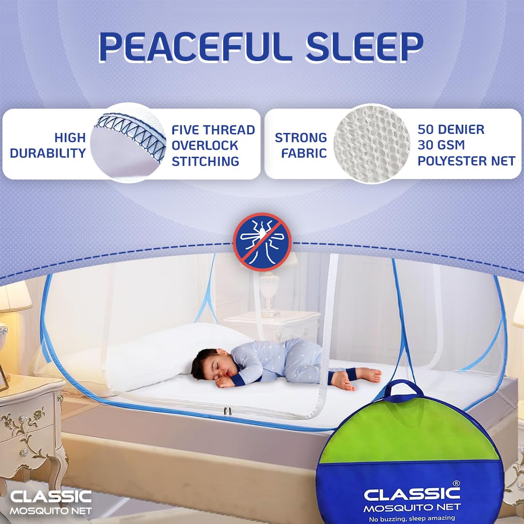 Classic Mosquito Net for Double Bed | King Size Foldable Machardani | Polyester 30GSM Strong Net | PVC Coated Corrosion Resistant Steel Wire - Blue