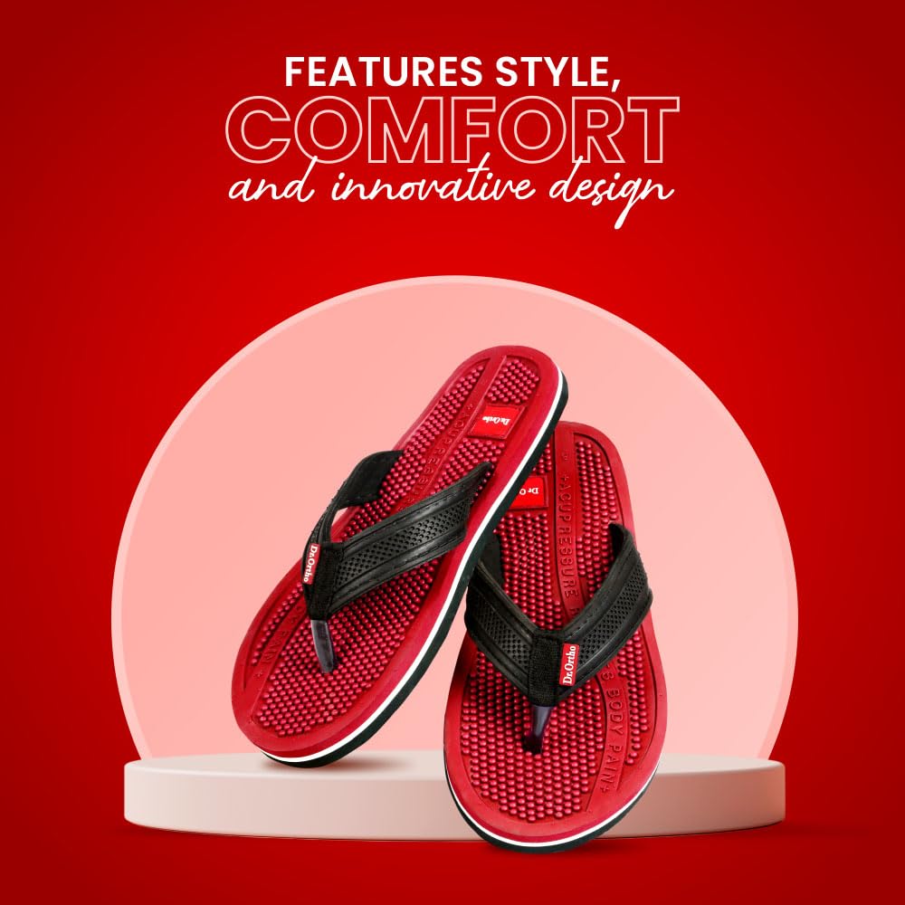 Dr.Ortho Orthopedic Slippers | Acupressure Slippers | Flip-Flops | For Men & Women's Slippers, Red - 8 UK