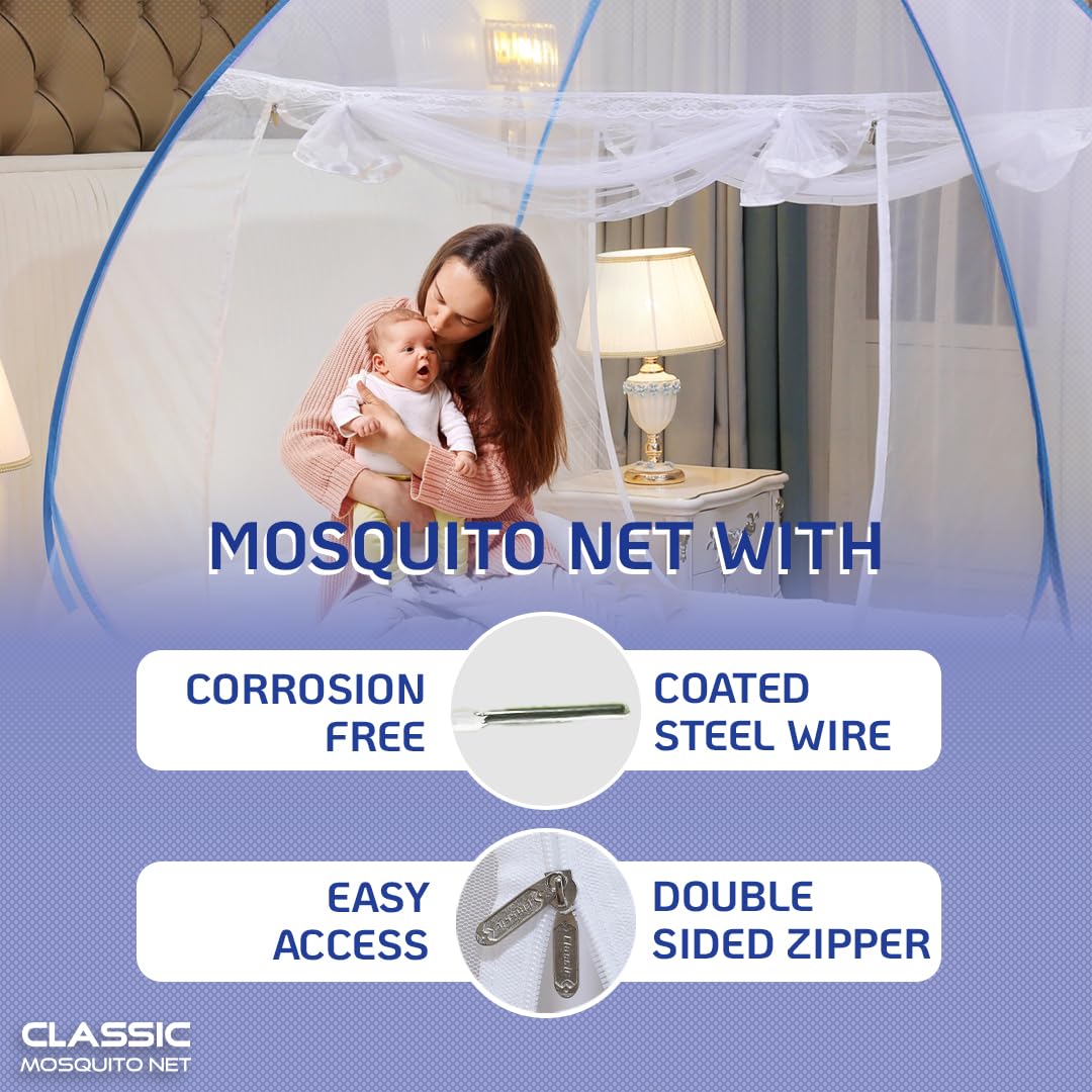 Classic Mosquito Net for Double Bed | King Size Foldable Machardani | Polyester 30GSM Strong Net | PVC Coated Corrosion Resistant Steel Wire - Blue