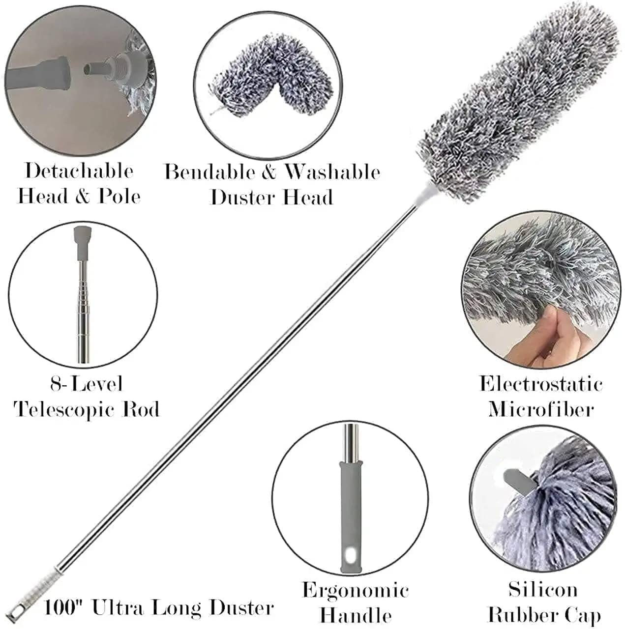 Hallstatt 2025 Upgraded Long Handle Microfiber Feather Ceiling Duster for Dust Cleaning with extendable Pole 100 Inch with Anti Scratch Bendable