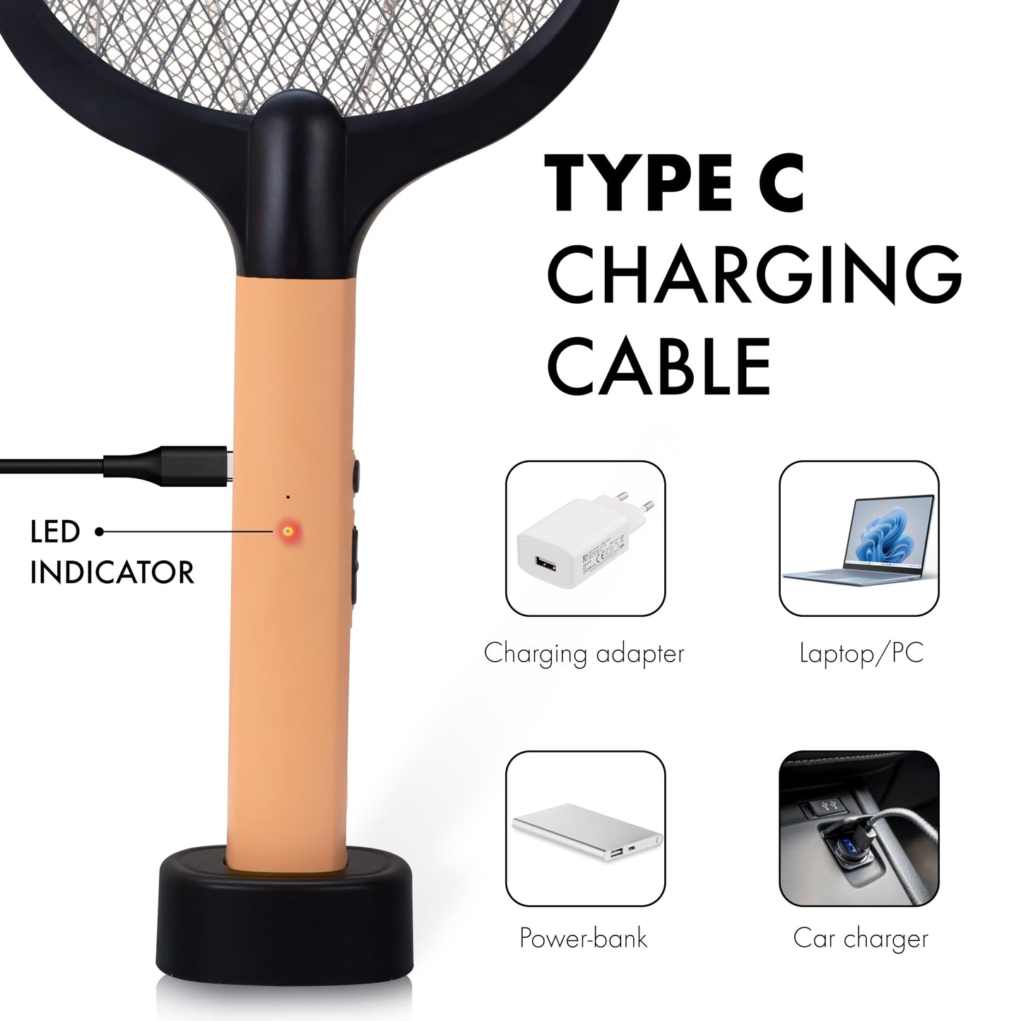 WEIRD WOLF 2 in 1 UV Light Mosquito Bat Racket Electric Fly Swatter with Base Stand, Lithium Battery, USB Type-C Charging, Warranty, Peach/Black