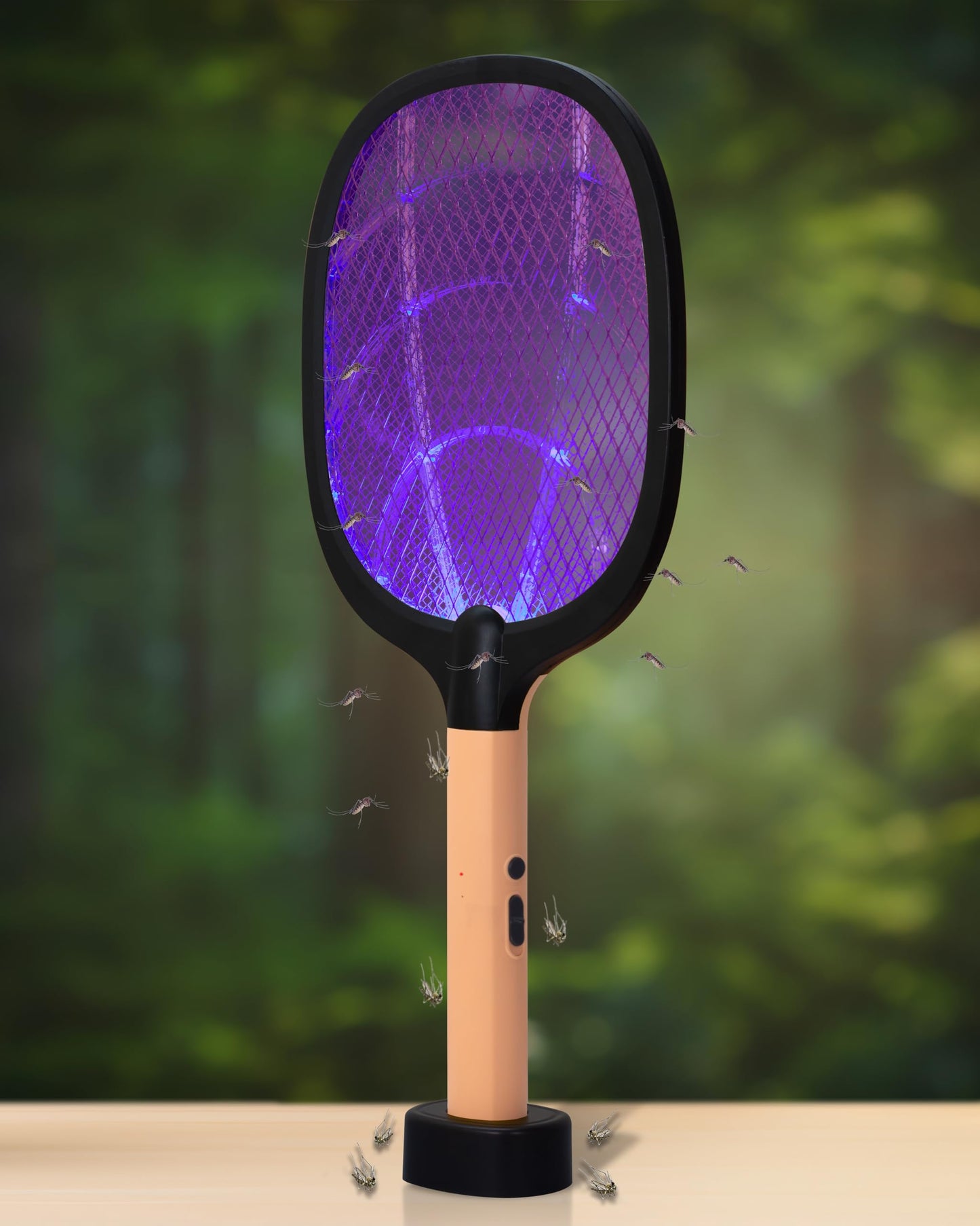WEIRD WOLF 2 in 1 UV Light Mosquito Bat Racket Electric Fly Swatter with Base Stand, Lithium Battery, USB Type-C Charging, Warranty, Peach/Black