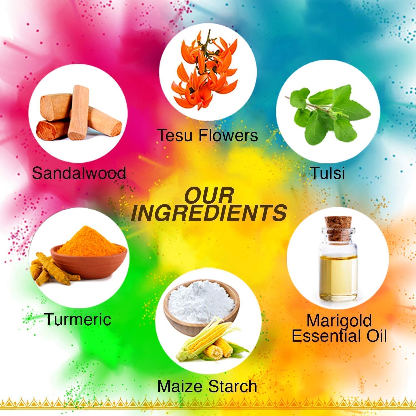 Antarkranti Natural Holi Gulal Colour - Orange | Yellow | Red | Green and Blue Tesu Flower | Rose Petals | Marigold | Sandalwood | Maize Starch