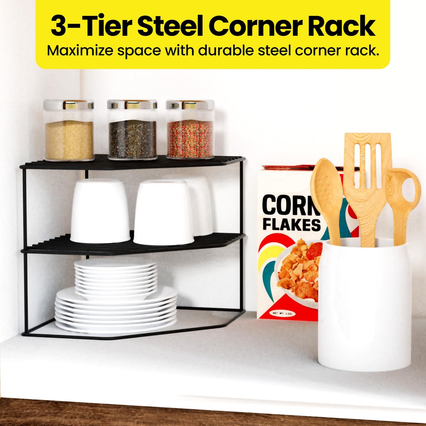 WonderStand KONA | 3-Tier GI Steel Corner Storage Rack: A Versatile Solution to Organize Kitchen Plate and Dishes (Black)