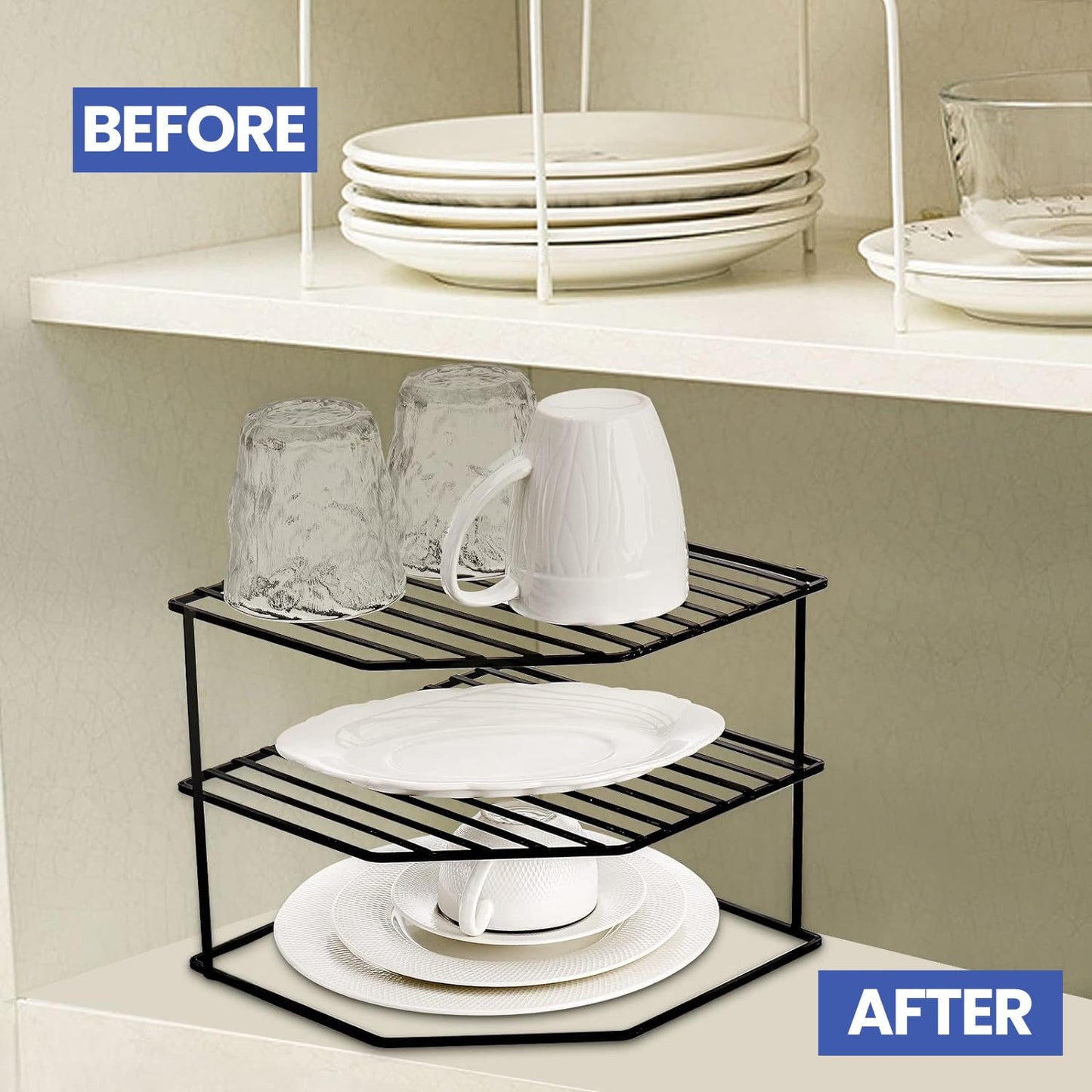 WonderStand KONA | 3-Tier GI Steel Corner Storage Rack: A Versatile Solution to Organize Kitchen Plate and Dishes (Black)