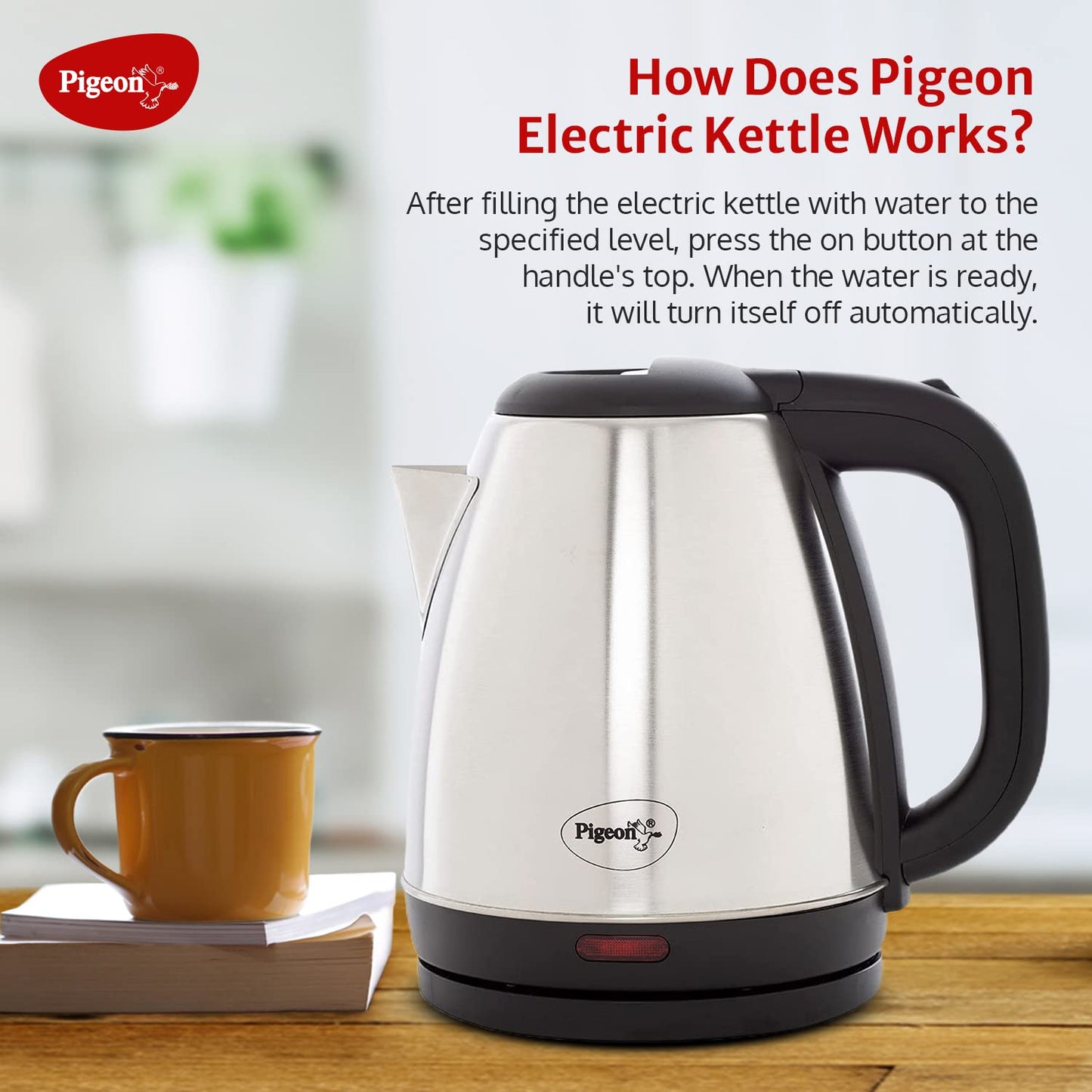 Pigeon by Stovekraft Amaze Plus Electric Kettle (14289) with Stainless Steel Body, 1.5 litre, used for boiling Water,