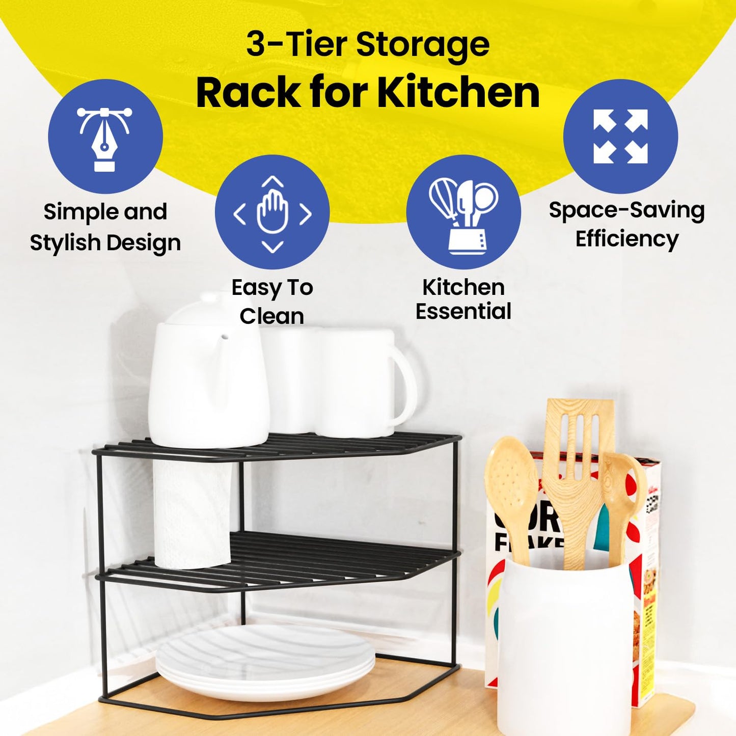 WonderStand KONA | 3-Tier GI Steel Corner Storage Rack: A Versatile Solution to Organize Kitchen Plate and Dishes (Black)