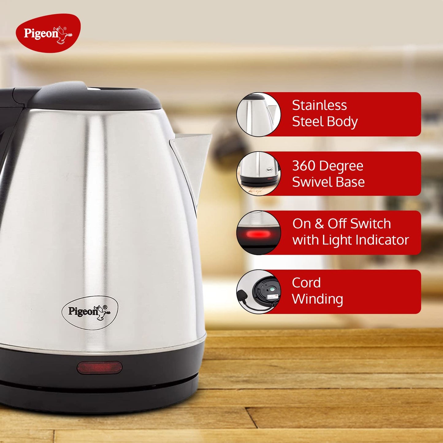 Pigeon by Stovekraft Amaze Plus Electric Kettle (14289) with Stainless Steel Body, 1.5 litre, used for boiling Water,