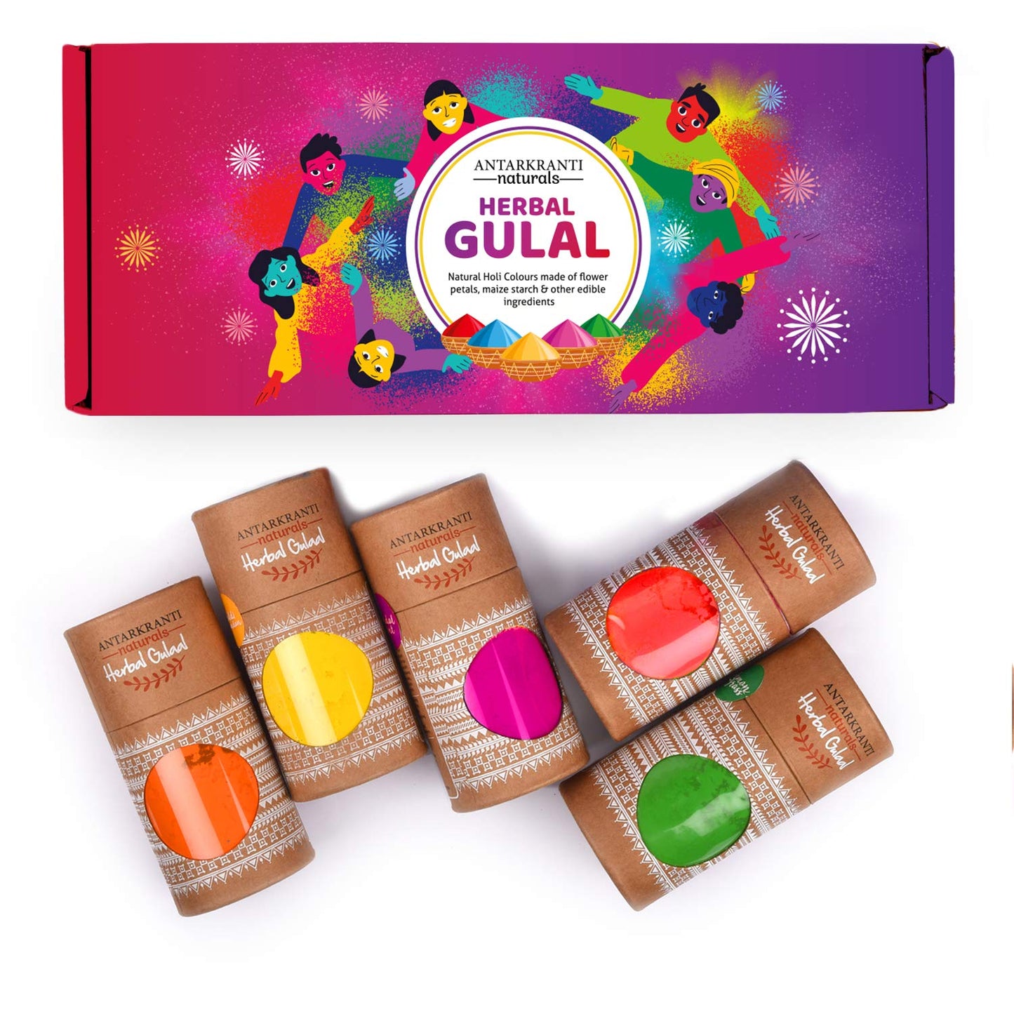 Antarkranti Natural Holi Gulal Colour - Orange | Yellow | Red | Green and Blue Tesu Flower | Rose Petals | Marigold | Sandalwood | Maize Starch