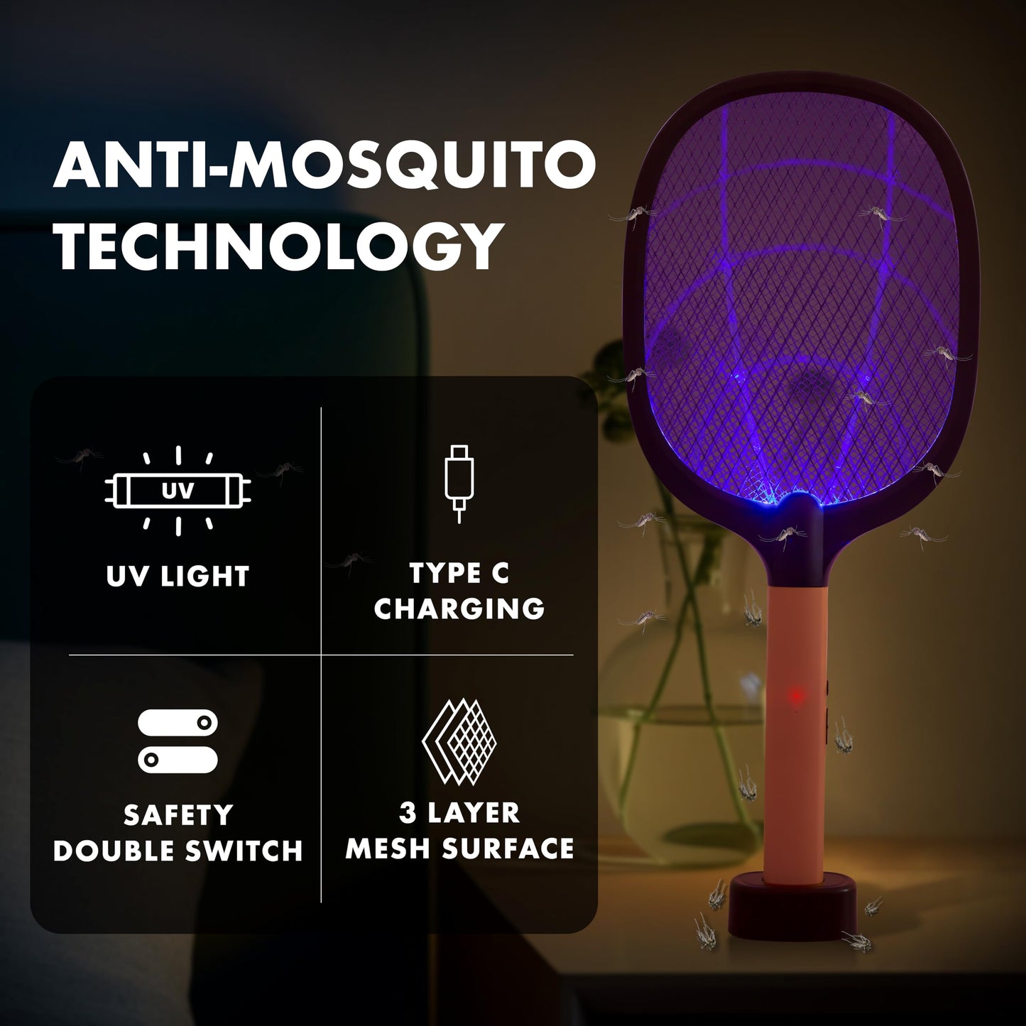 WEIRD WOLF 2 in 1 UV Light Mosquito Bat Racket Electric Fly Swatter with Base Stand, Lithium Battery, USB Type-C Charging, Warranty, Peach/Black