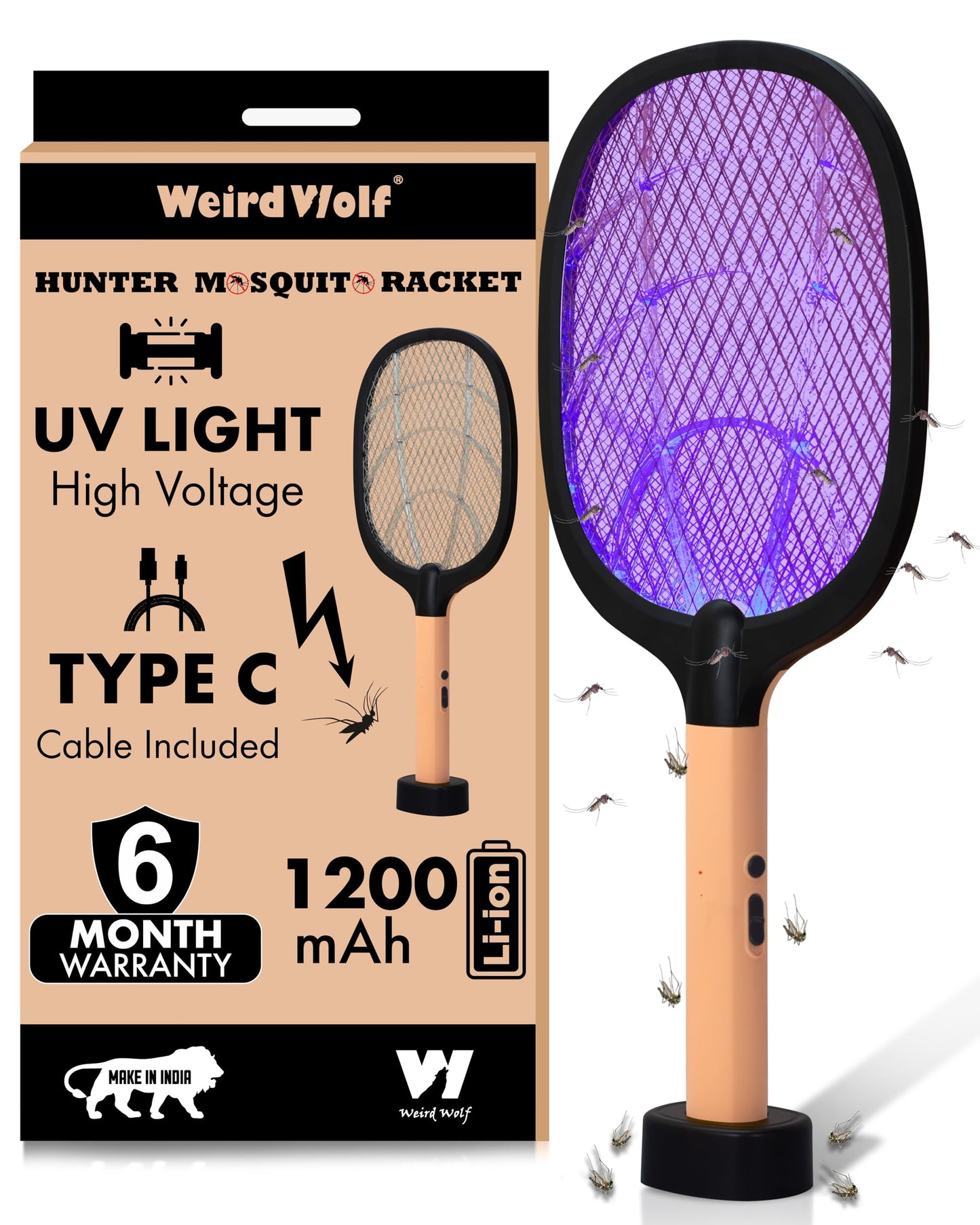 WEIRD WOLF 2 in 1 UV Light Mosquito Bat Racket Electric Fly Swatter with Base Stand, Lithium Battery, USB Type-C Charging, Warranty, Peach/Black