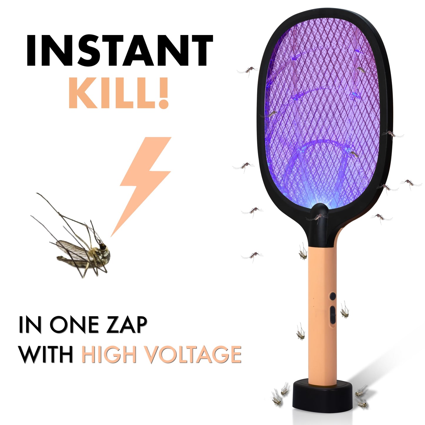 WEIRD WOLF 2 in 1 UV Light Mosquito Bat Racket Electric Fly Swatter with Base Stand, Lithium Battery, USB Type-C Charging, Warranty, Peach/Black
