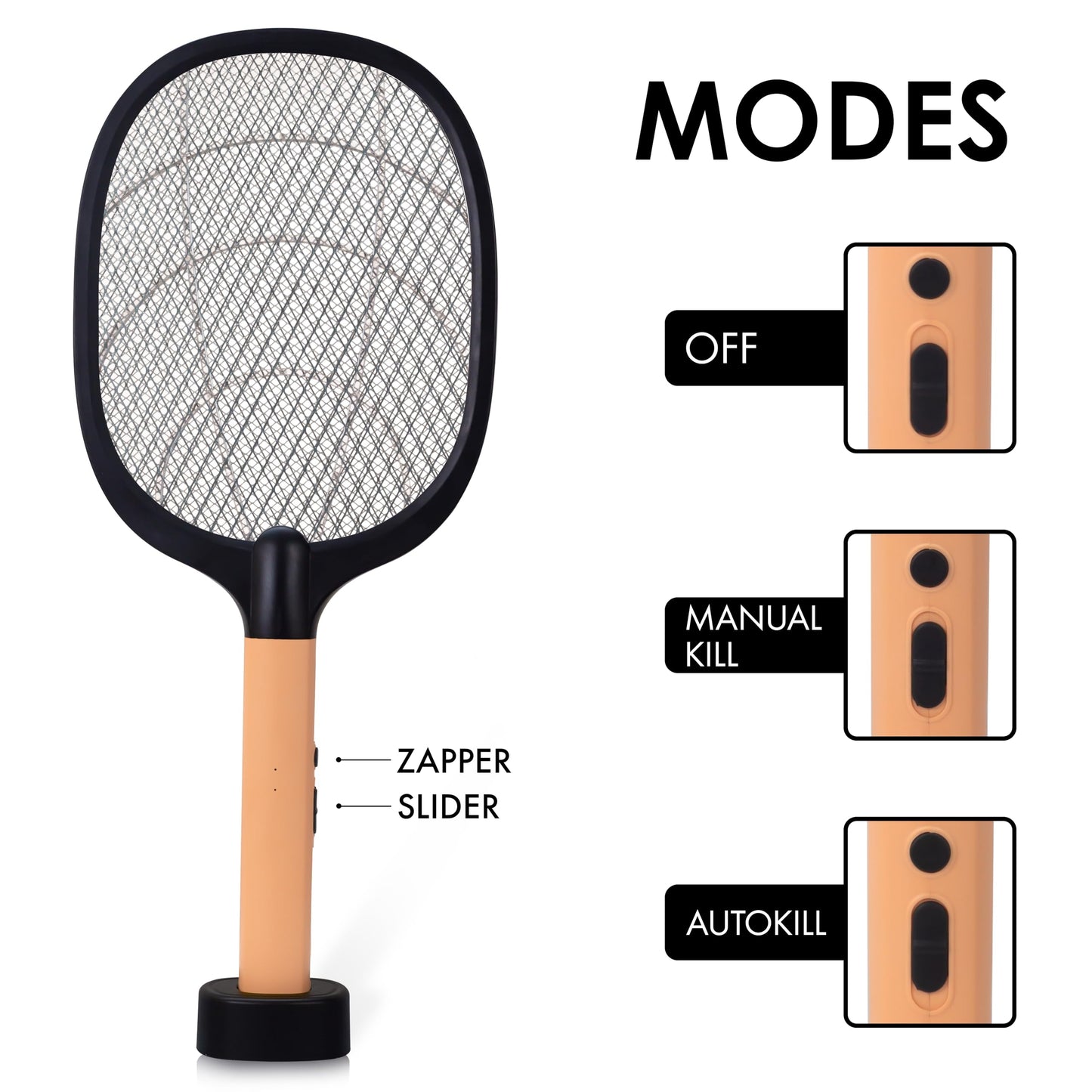 WEIRD WOLF 2 in 1 UV Light Mosquito Bat Racket Electric Fly Swatter with Base Stand, Lithium Battery, USB Type-C Charging, Warranty, Peach/Black
