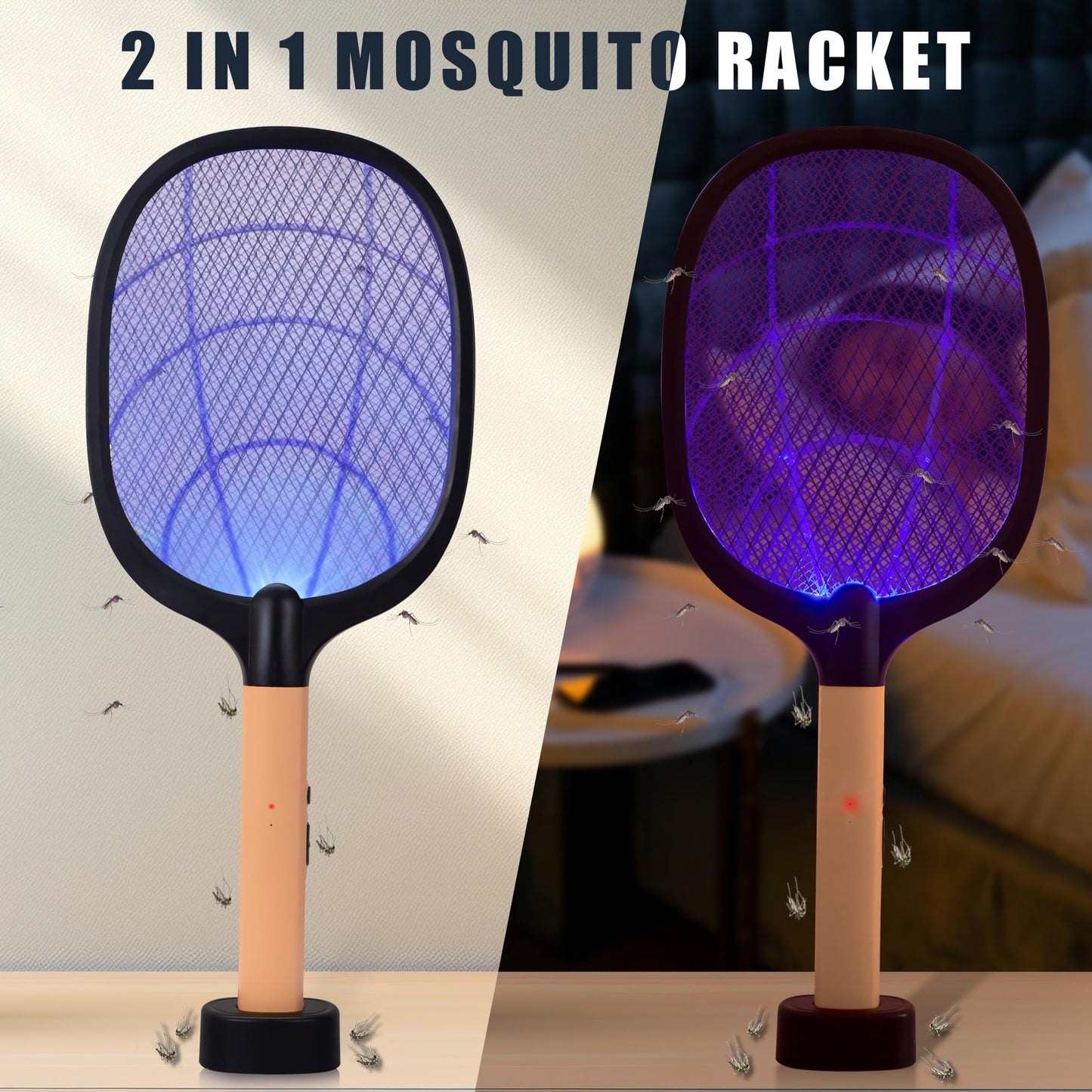 WEIRD WOLF 2 in 1 UV Light Mosquito Bat Racket Electric Fly Swatter with Base Stand, Lithium Battery, USB Type-C Charging, Warranty, Peach/Black