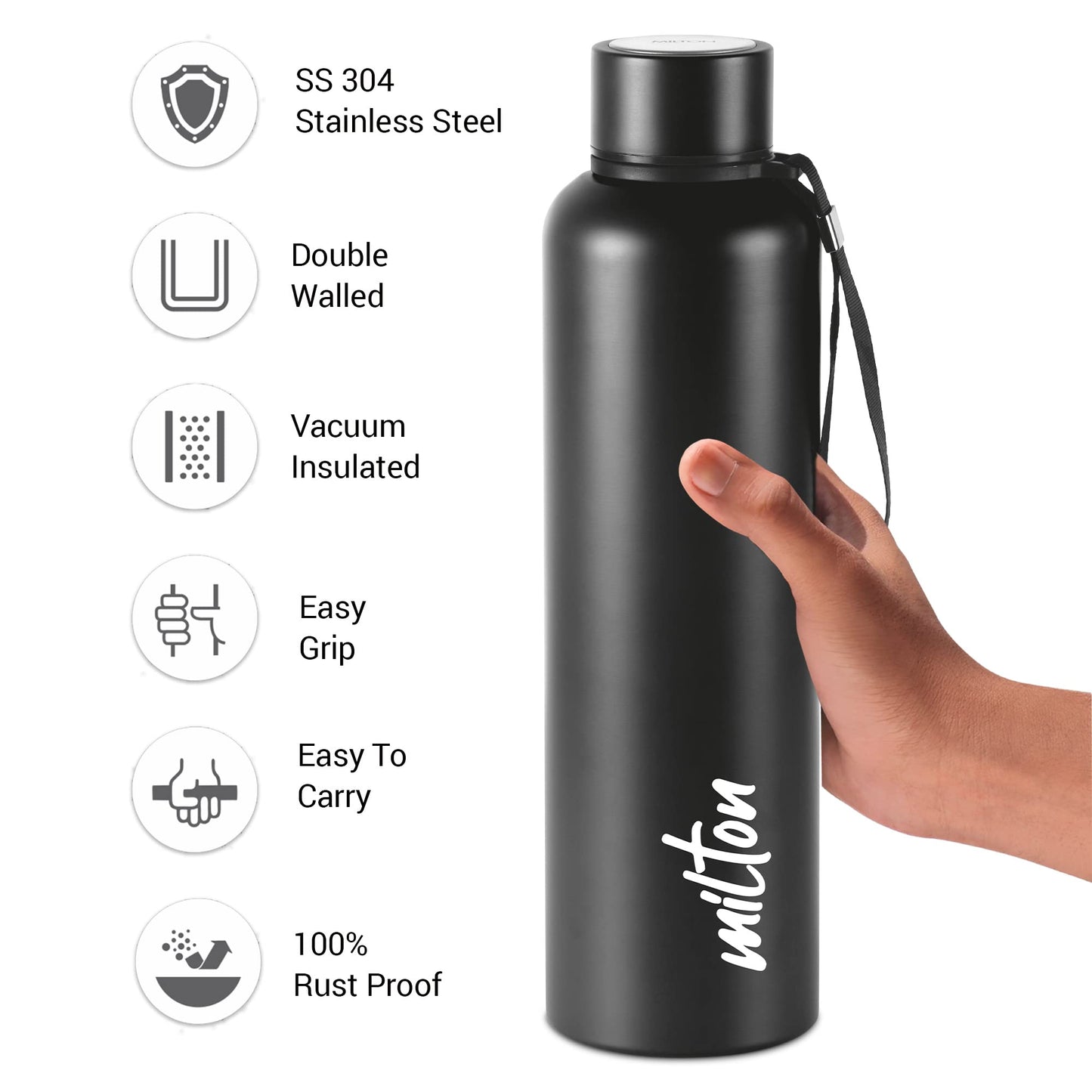Milton Aura 1000 Thermosteel Bottle, 1050 ml Water Bottles, 24 Hours Hot and Cold, Easy to Carr