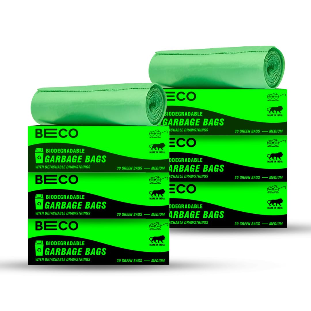 Beco Eco-Friendly Garbage Bags | 180 Pcs | Medium-19 x 21 Inches | 30 Bags x 6 Rolls | Green | Dustbin/Trash Bags with