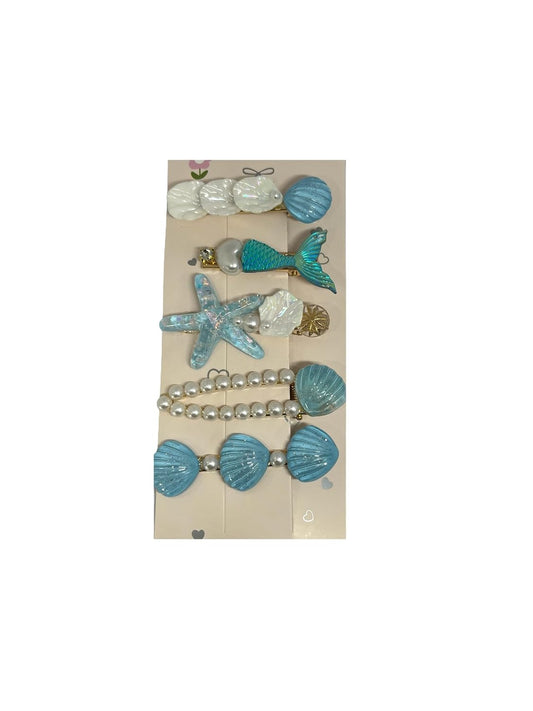Ocean-Themed Hair Clips Set, Pearl and Seashell Design, Blue and White Decorative Hair Accessories for Girls