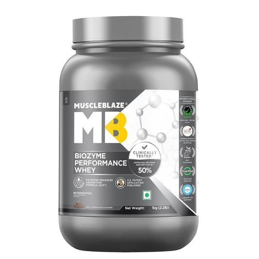 MuscleBlaze Biozyme Performance Whey Protein (Rich Chocolate, 1 kg / 2.2 lb) | Clinically Tested 50% Higher Protein Absorption | Inf