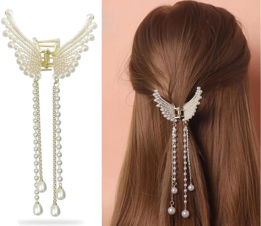 Pearl Wing Hair Clip with Dangling Chains, Butterfly Design, Korean Fashion Hair Accessory-cosy accessories