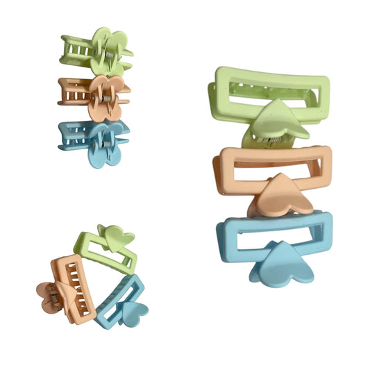 Pastel Hair Clips, Heart Design Rectangle Claw Clips, Pack of 3, Green Blue Beige - korean accessories -- cosy accessories
