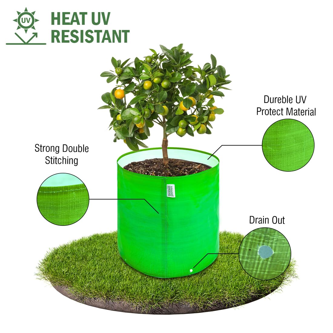 Anandi Green's Premium HDPE Uv Protected 260 GSM Round Shaped Green Colour Plants Grow Bags Suitable for Terrace and Vegetable Gardening